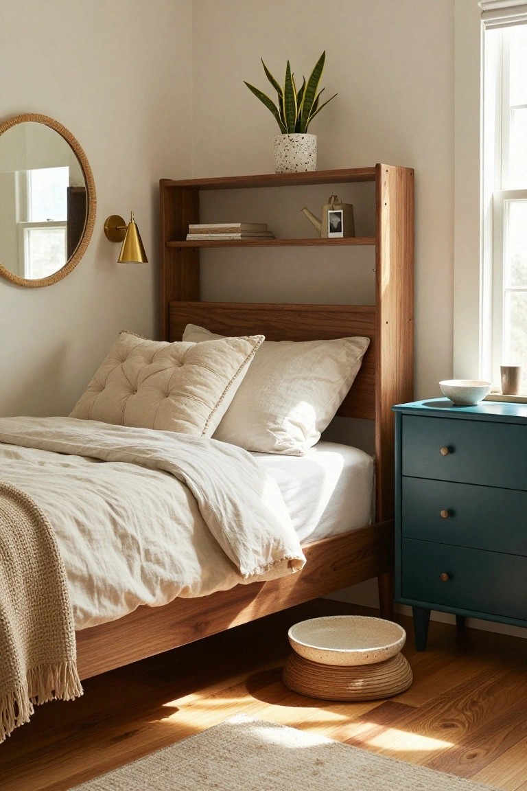 Bedroom corner showing a low wooden bed frame with tall open shelving headboard holding books and a plant, next to a teal three-drawer nightstand, rattan mirror, and window with blinds.