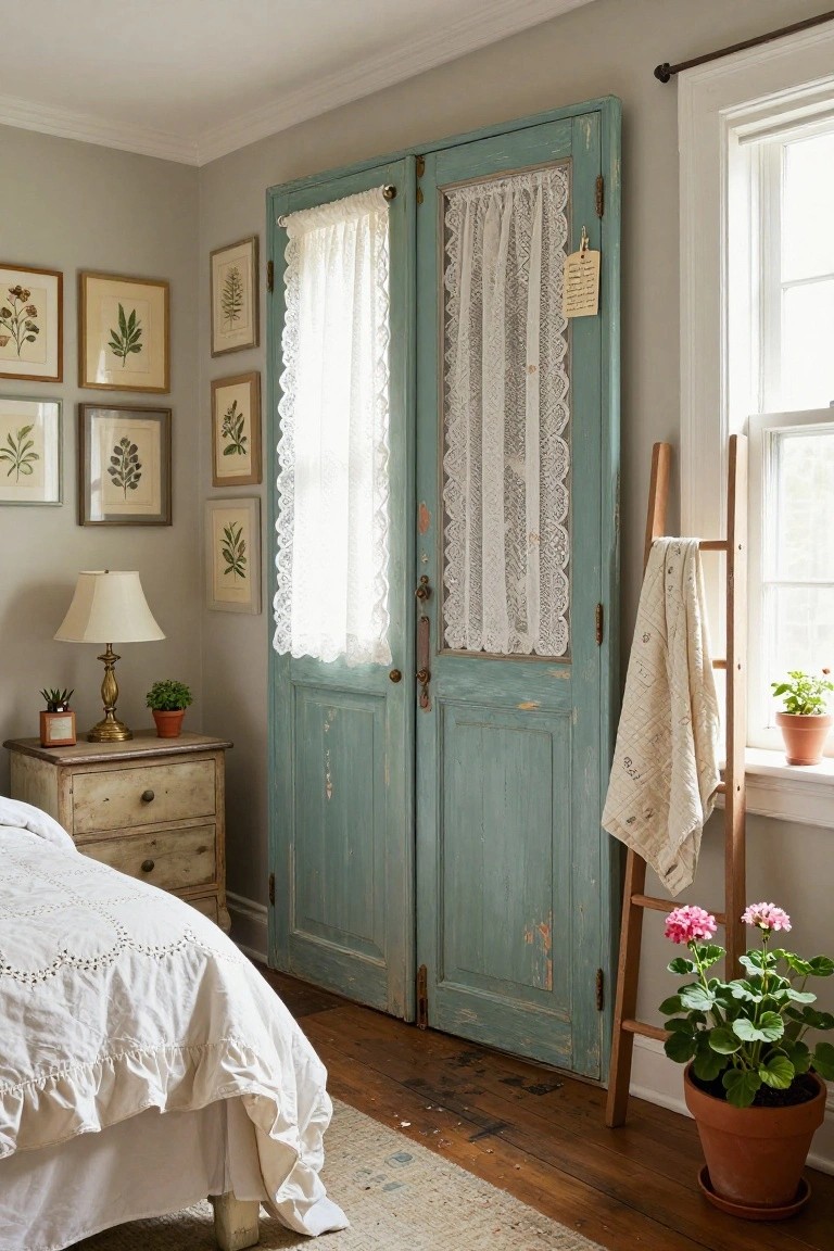 A cozy bedroom corner with a low white distressed wooden bed frame, ruffled white bedding, matching nightstand, potted plants, and turquoise distressed double doors with lace curtains.