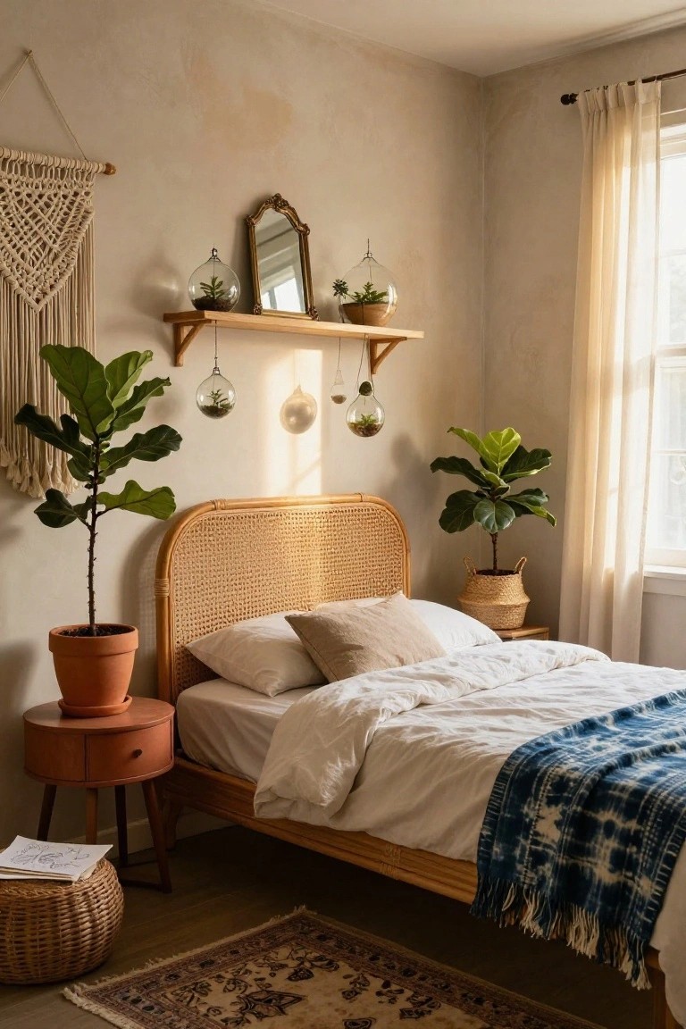 A cozy bedroom corner with a low wooden platform bed featuring a curved rattan headboard, flanked by potted fiddle leaf fig plants, hanging terrariums, a macrame wall hanging, and sheer curtains on a window.