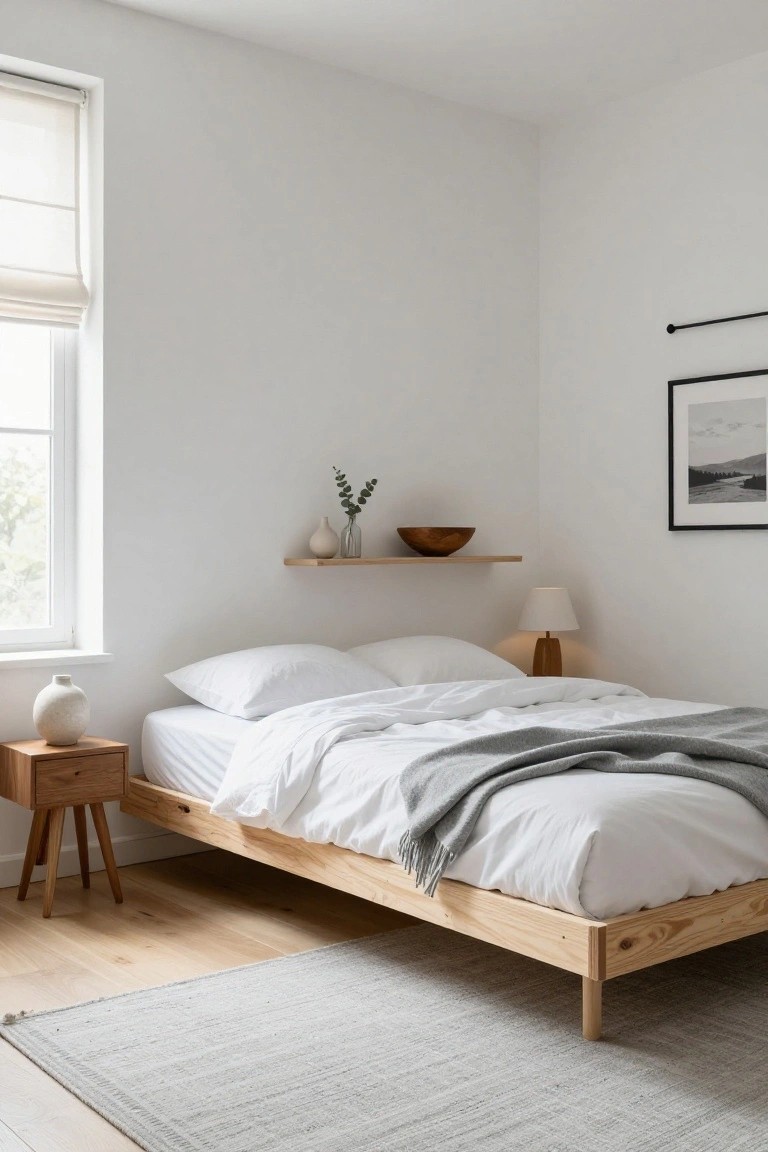 A minimalist bedroom with a low natural wood platform bed frame, white bedding, wooden nightstand, floating shelf, and neutral vase on a light wood floor.