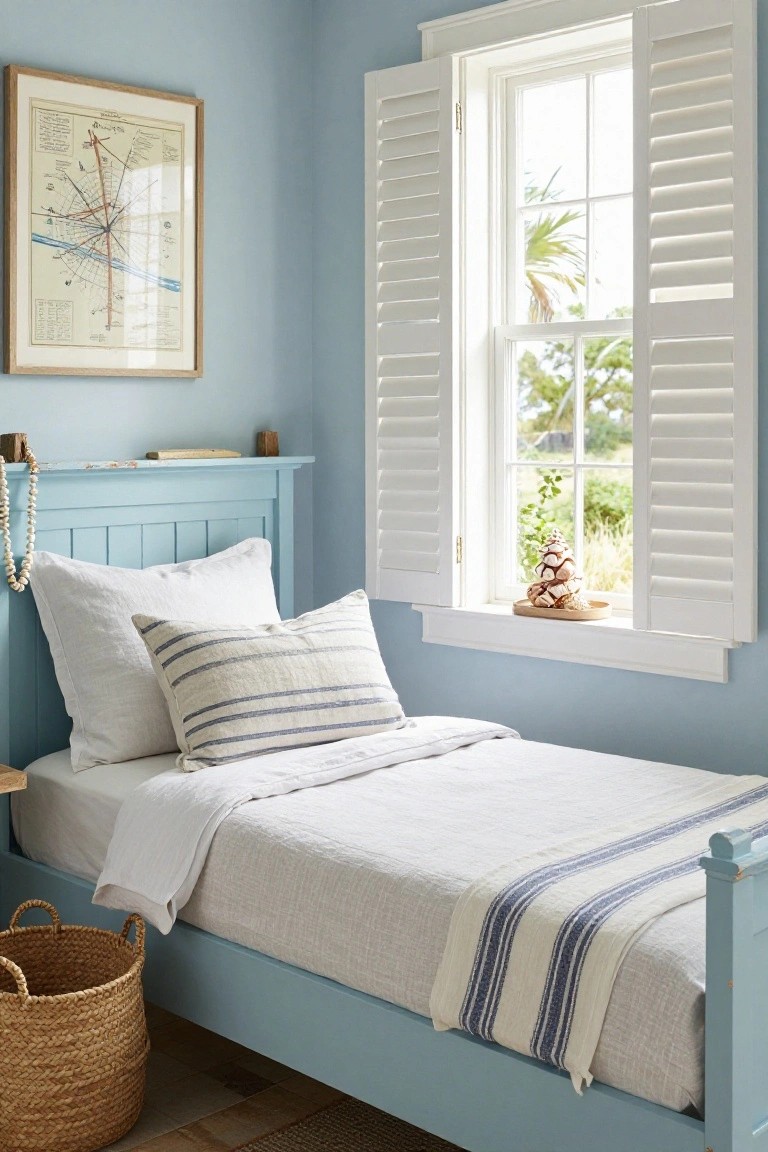 Light blue wooden bed frame with paneled headboard and footboard in a bedroom corner, white and striped pillows on bed, open white shutters on window overlooking palms and greenery, shell decoration on windowsill, nautical map on wall, and woven basket on floor.