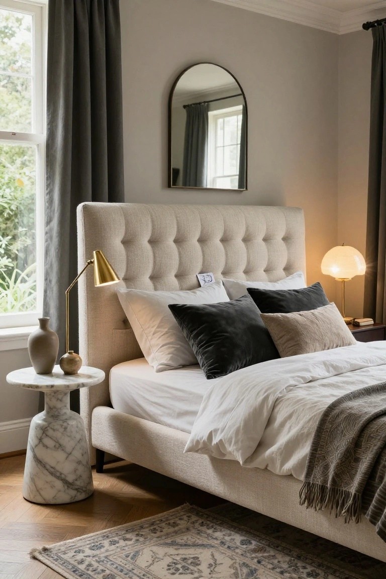 Bedroom with beige tufted upholstered bed frame on metal base, white duvet and assorted pillows, gold arc lamp on marble pedestal side table with vase, gold lamp on wood nightstand, arched black mirror above headboard, gray curtains on window, wood floor with Persian rug.