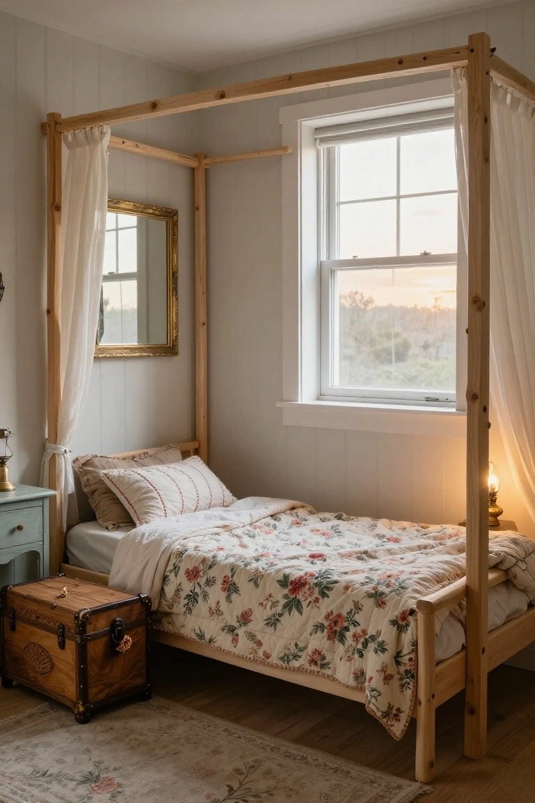 A cozy bedroom with a light wooden canopy bed frame draped in sheer white curtains, pink floral quilted bedding, wooden trunk chest, small table with lantern, and window showing hills at sunset.
