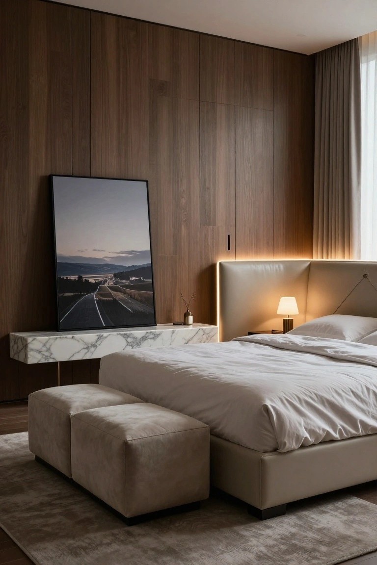 Modern bedroom with dark wood vertical paneling on walls, large vertical framed landscape photo, floating white marble shelf, beige upholstered bed with LED-backlit headboard and white bedding, two beige ottomans, beige rug, and bedside lamp.