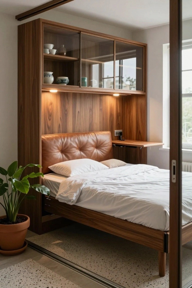 A queen bed with white bedding integrated into a tall walnut wood cabinet unit featuring glass-front upper cabinets, a tufted brown leather headboard, and a narrow wooden desk shelf beside it, with a potted plant on the floor nearby.