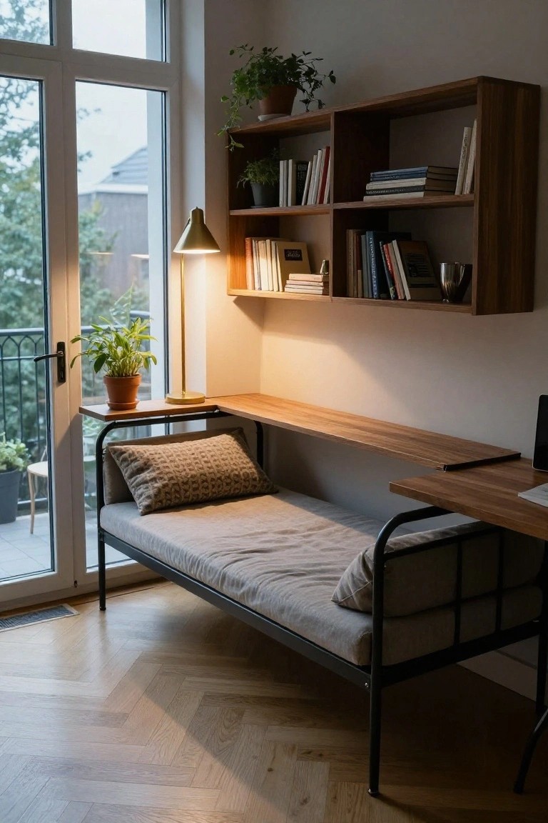 Indoor view of a compact bedroom with low black metal bed frame connected to an extending wooden desk surface, wooden shelves with books above, potted plants, a desk lamp, computer on desk, large window to balcony, and herringbone wood floor.