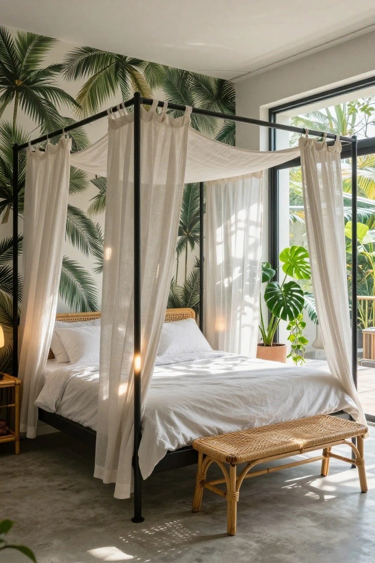 Bedroom with white bed under black metal canopy frame draped in sheer white curtains, green palm leaf wallpaper, potted plants, rattan bench, and large window overlooking greenery on concrete floor.