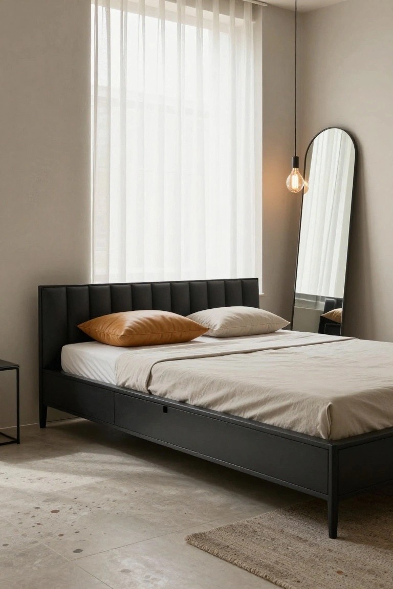 A minimalist bedroom with a black tufted upholstered bed frame featuring two underbed storage drawers, beige sheets with orange leather pillows, a full-length arched black mirror, pendant bulb light, sheer curtains over a window, black metal side table, and seagrass rug on light tiled floor.