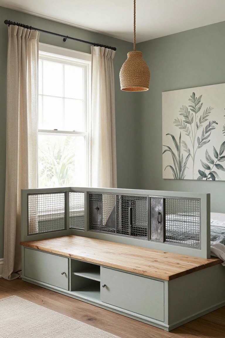 Sage green bench-style bed frame with wooden top, mesh side panels, and storage drawers positioned against a window in a pale green bedroom with sheer curtains and a woven pendant light.