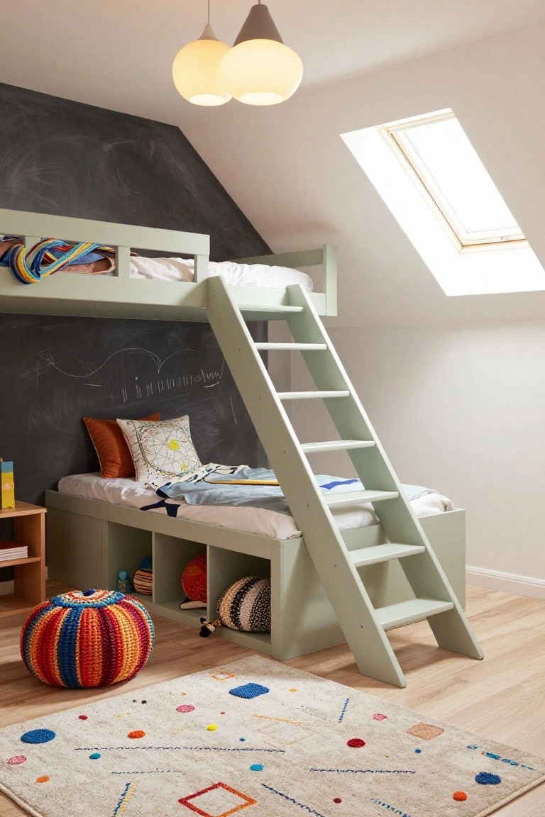 A mint green bunk bed frame with ladder access in a lofted kids' bedroom, featuring built-in storage drawers and shelves underneath, a chalkboard wall, colorful pouf stool, toys, and patterned rug on wood floor.
