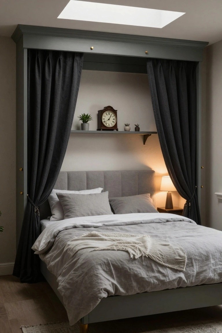 Gray built-in bed alcove with black curtains tied back on brass hooks, gray upholstered bed with white pillows and linen sheets, bedside lamp on wood table, clock and potted plants on shelves, skylight overhead.