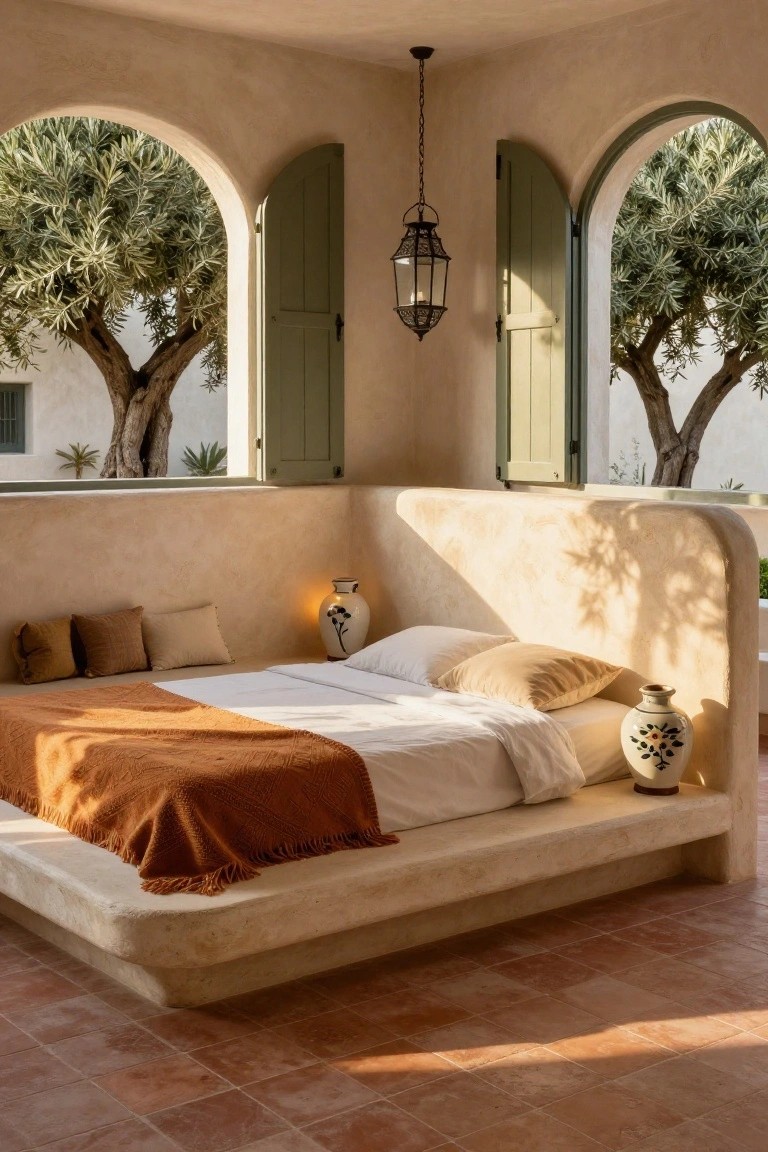 Bedroom corner with low beige curved platform bed, orange throw blanket, pillows, white ceramic vases with lamps, open green shutters on arched windows overlooking olive trees, terracotta tile floor.