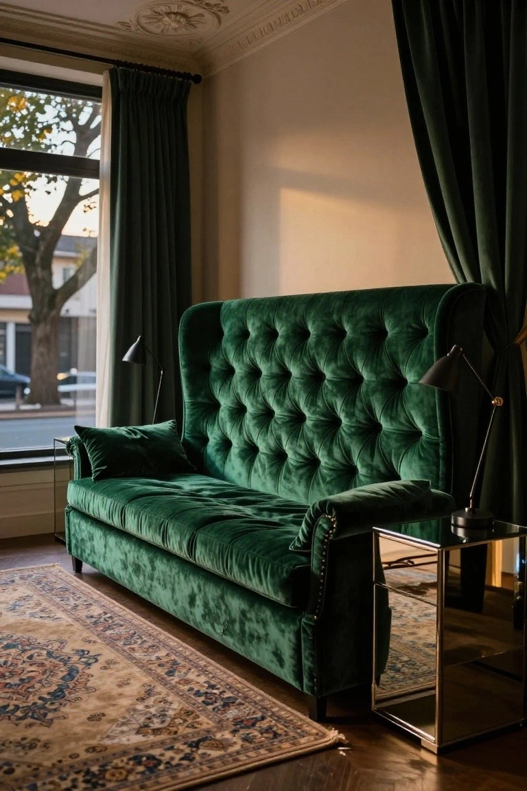Emerald green velvet tufted sofa with high back and wings in a living room next to green curtains on a large window, a mirrored side table with black lamp, and a patterned rug on wood floors.