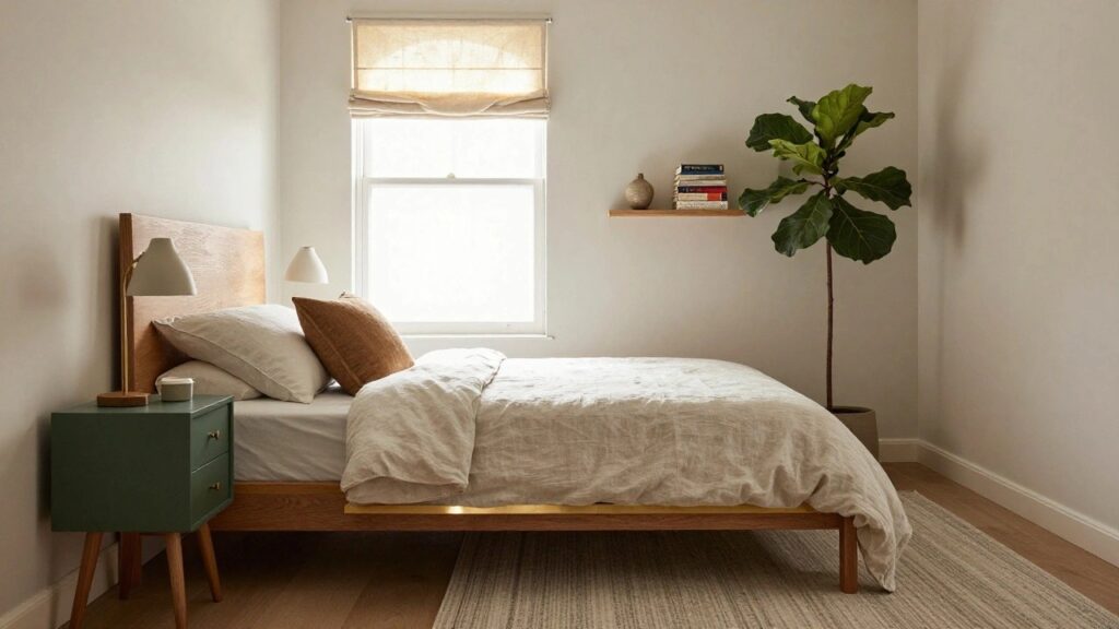 21 Custom Bed Frame Ideas for a One-of-a-Kind Space A bedroom with a wooden platform bed frame on brass legs, white bedding, green nightstand, fiddle leaf fig plant, bookshelves in the wall, and a large window with sheer curtains.