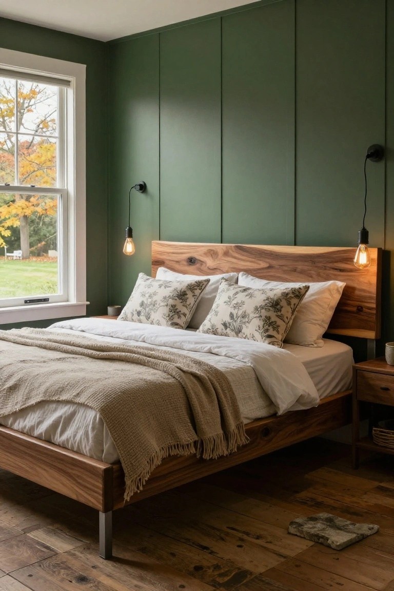 Bedroom with custom live-edge walnut wood headboard and frame on hairpin legs, white bedding topped with beige throw, green vertical plank walls, pendant wall lights, wooden nightstand, and window overlooking autumn trees and lawn.