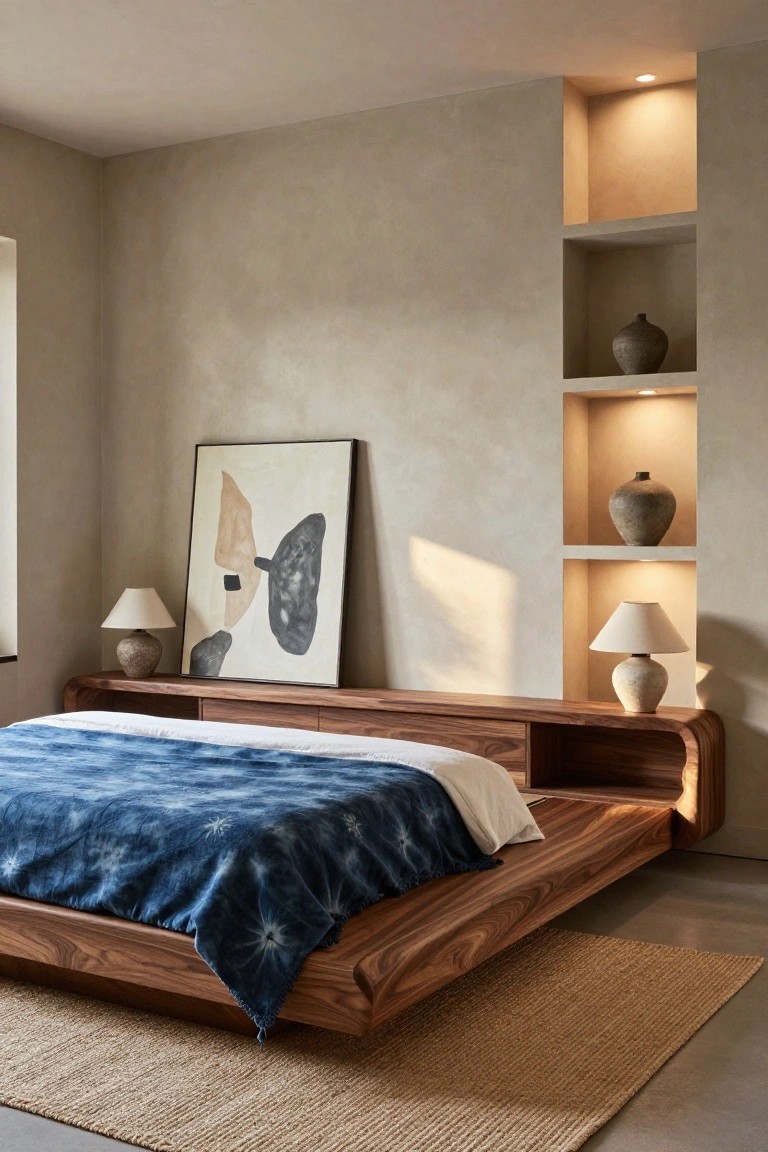 A minimalist bedroom with a low curved walnut wood platform bed that has integrated side shelves, blue indigo patterned bedding, two ceramic lamps, an abstract wall art piece, and beige walls with lit niches holding pottery.