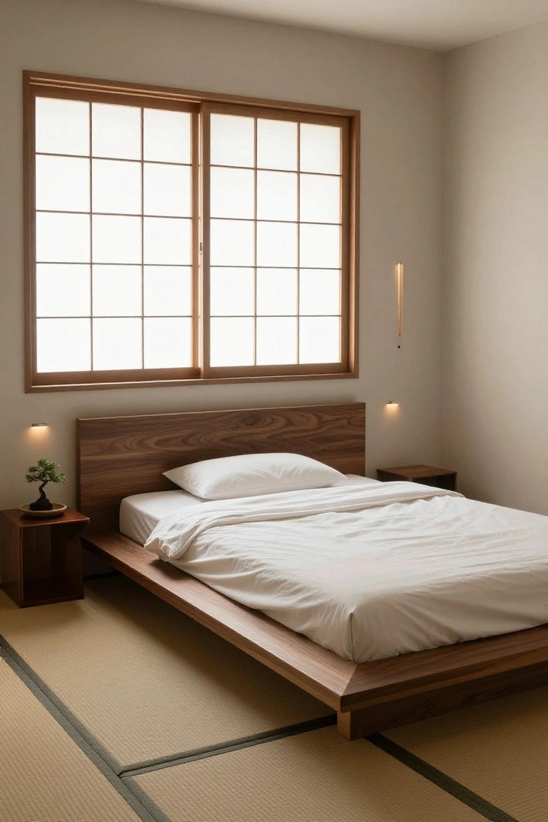 A minimalist bedroom with a low walnut wood platform bed dressed in white sheets, a bonsai plant on a wooden nightstand, tatami mat flooring, and shoji screen windows letting in soft light.