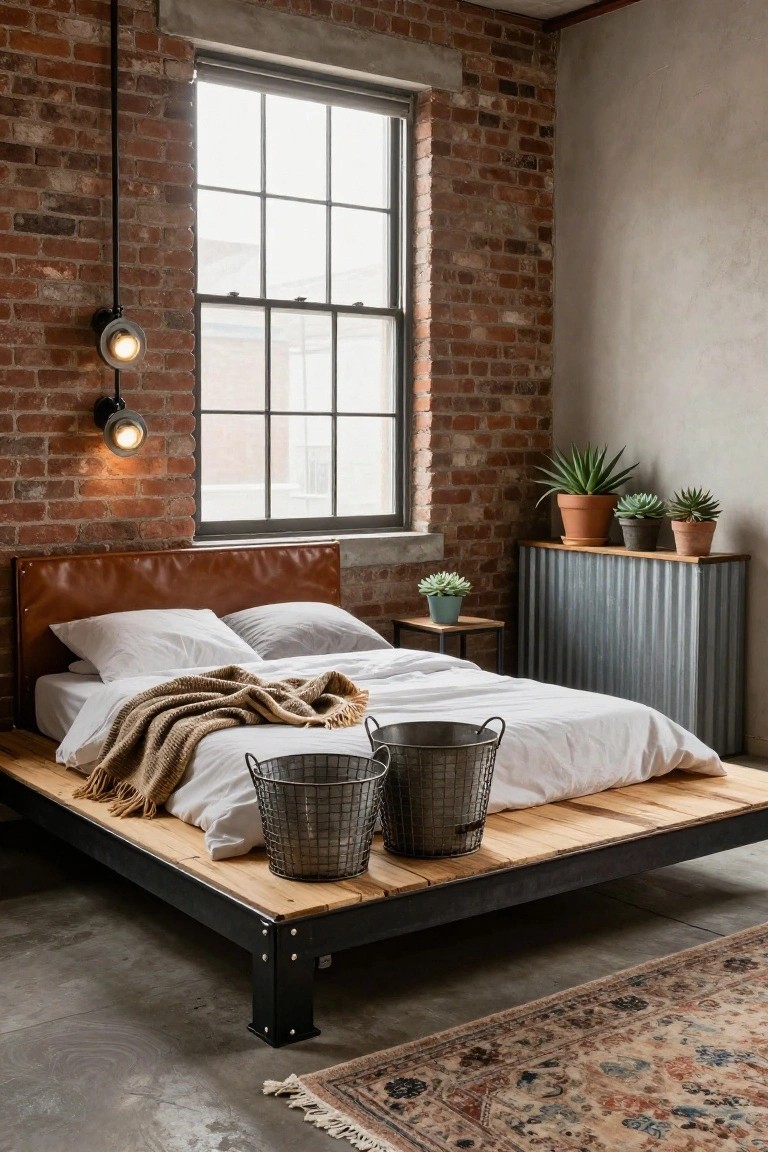 Bedroom interior with exposed brick walls, a low platform bed frame made of wooden slats on black metal legs, white bedding with a throw blanket, leather headboard, potted plants on a metal side table and shelf, pendant lights, and a patterned rug on concrete floor.