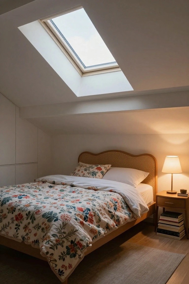 Attic bedroom with sloped white ceilings and skylight overhead, wooden bed frame with curved rattan headboard, floral-patterned duvet and pillows, bedside table holding lamp and stacked books, light wood floor and gray rug.