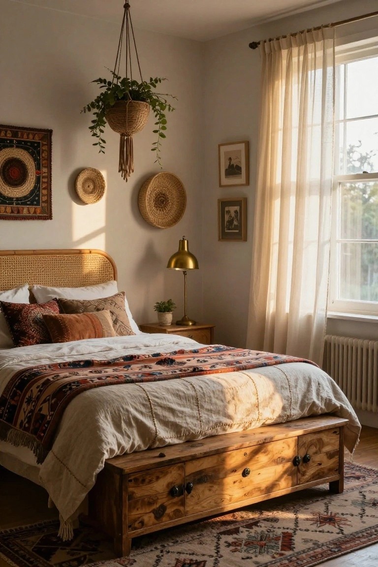 A bedroom with a bed featuring rattan headboard and wooden platform base with drawers, woven wall hangings, hanging plant, gold lamp on nightstand, and sheer curtains over window.