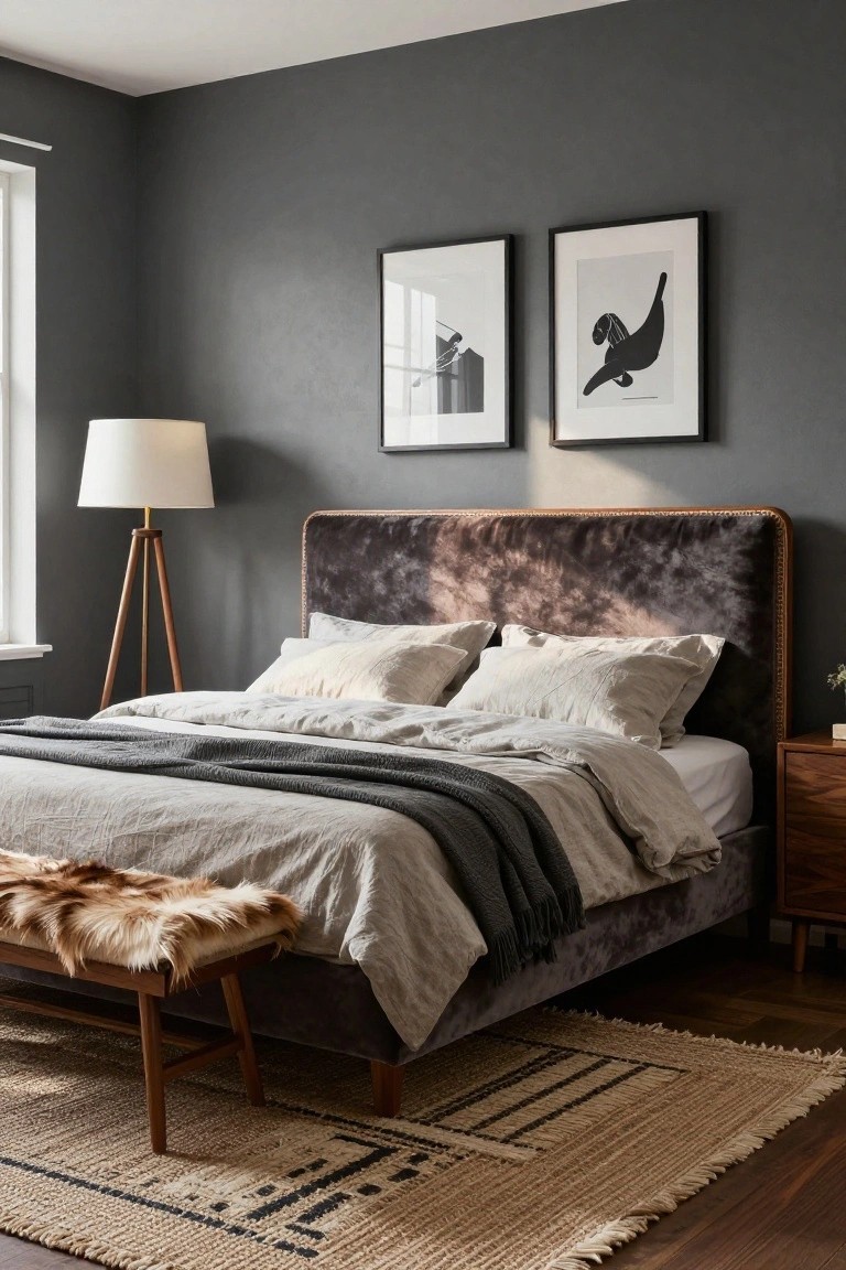 Bedroom interior with a king bed featuring dark tufted velvet upholstered headboard and footboard with wood trim, white and gray linens, sheepskin bench, tripod floor lamp, two framed artworks, nightstand, potted plant, jute rug, and hardwood floors.