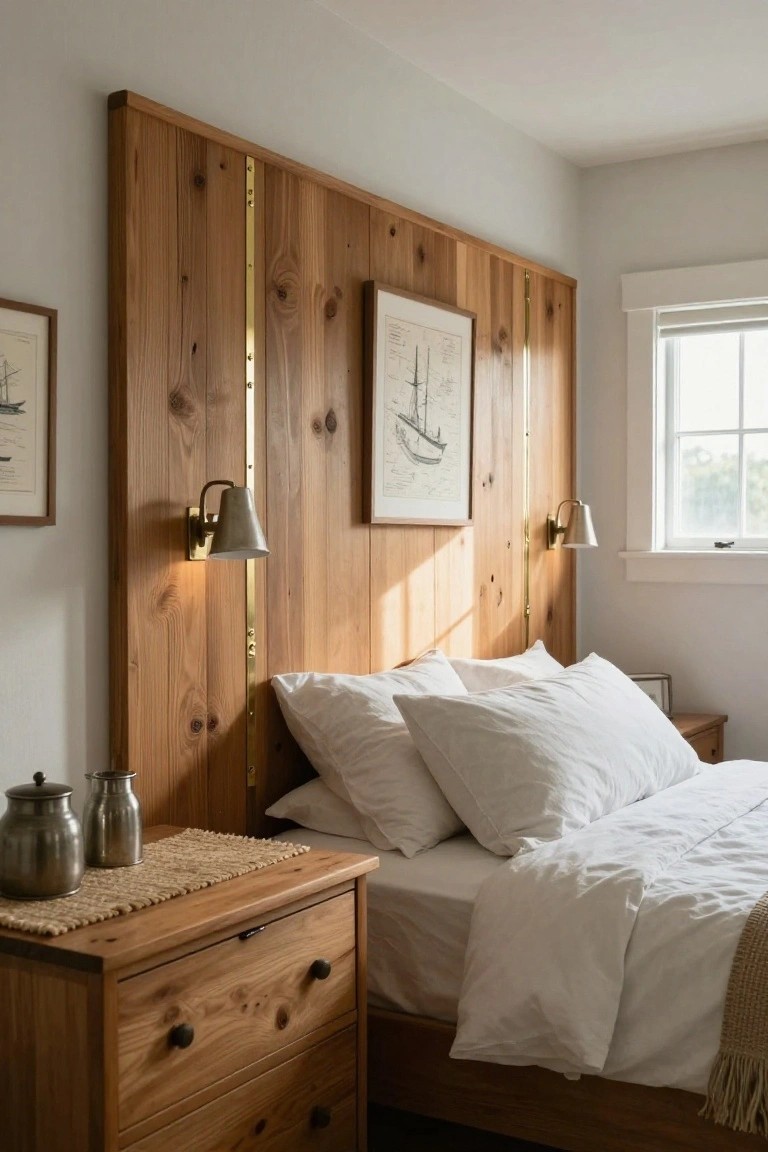 Bedroom interior with tall vertical wood plank headboard accented by a brass strip down the center, flanked by brass wall sconces, a framed nautical print, white bedding on wooden bed frame, and wooden nightstand holding metal containers.
