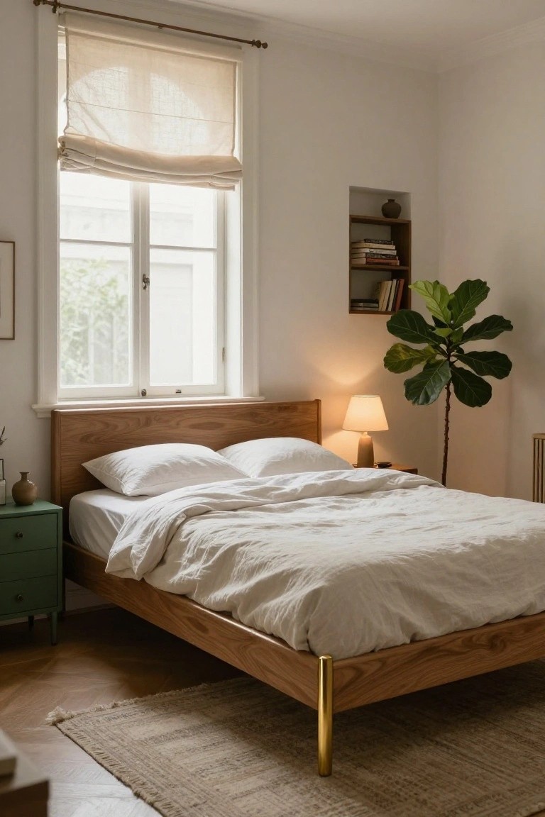 A bedroom with a wooden platform bed frame on brass legs, white bedding, green nightstand, fiddle leaf fig plant, bookshelves in the wall, and a large window with sheer curtains.