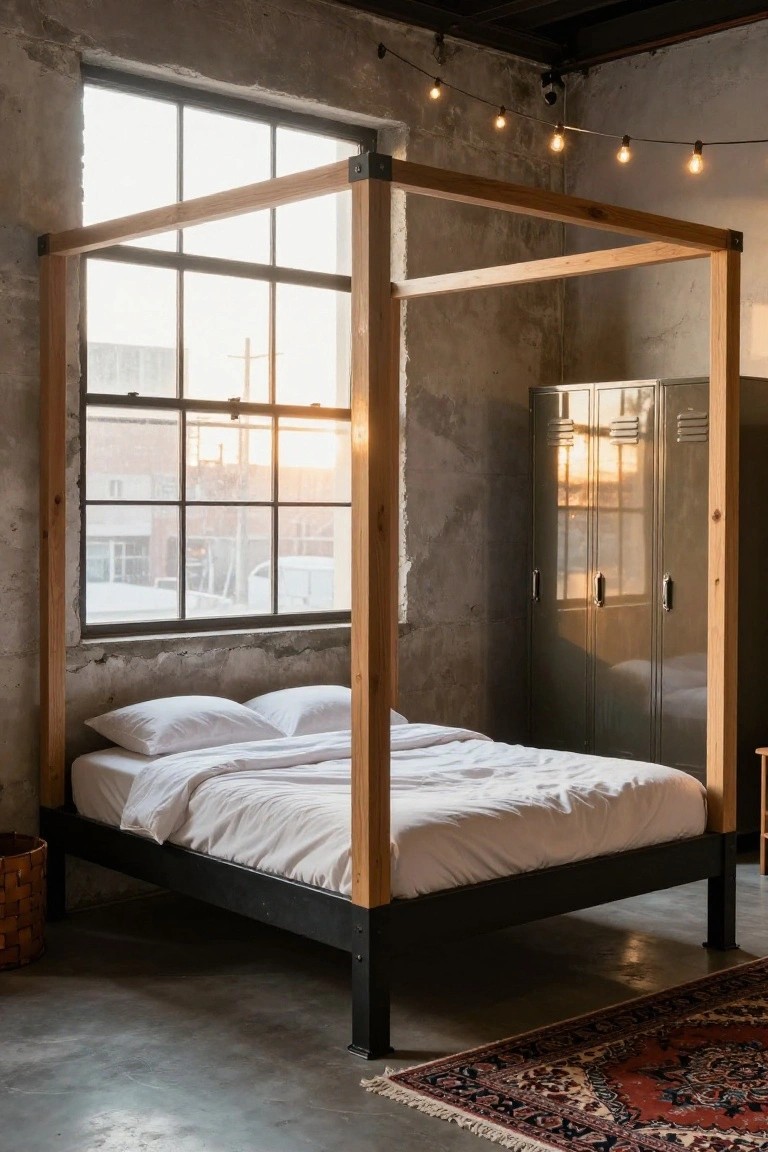 Wooden four-poster canopy bed frame with white sheets and pillows on a black metal platform base in an industrial loft bedroom with exposed brick walls, metal lockers, large windows, and string lights.