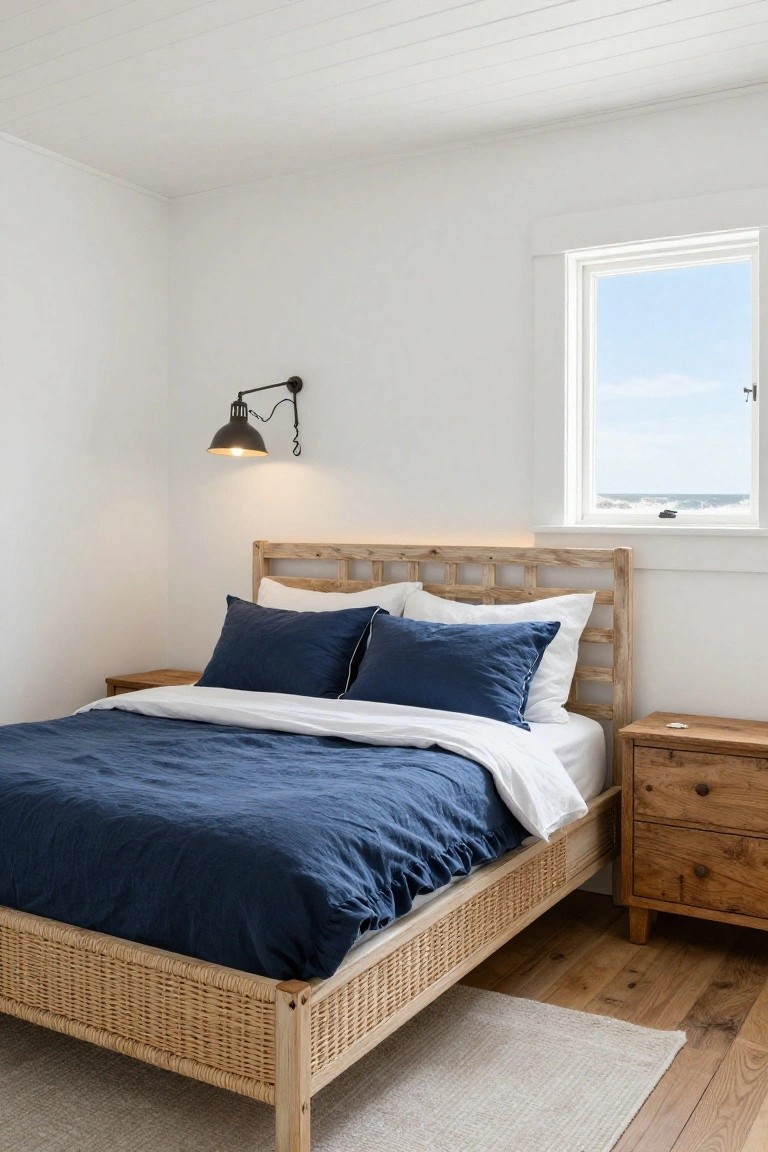 Bedroom interior with a light wood bed frame featuring woven rattan panels on headboard and sides, navy blue duvet and pillows, wooden nightstands, white walls, and a window showing ocean view.