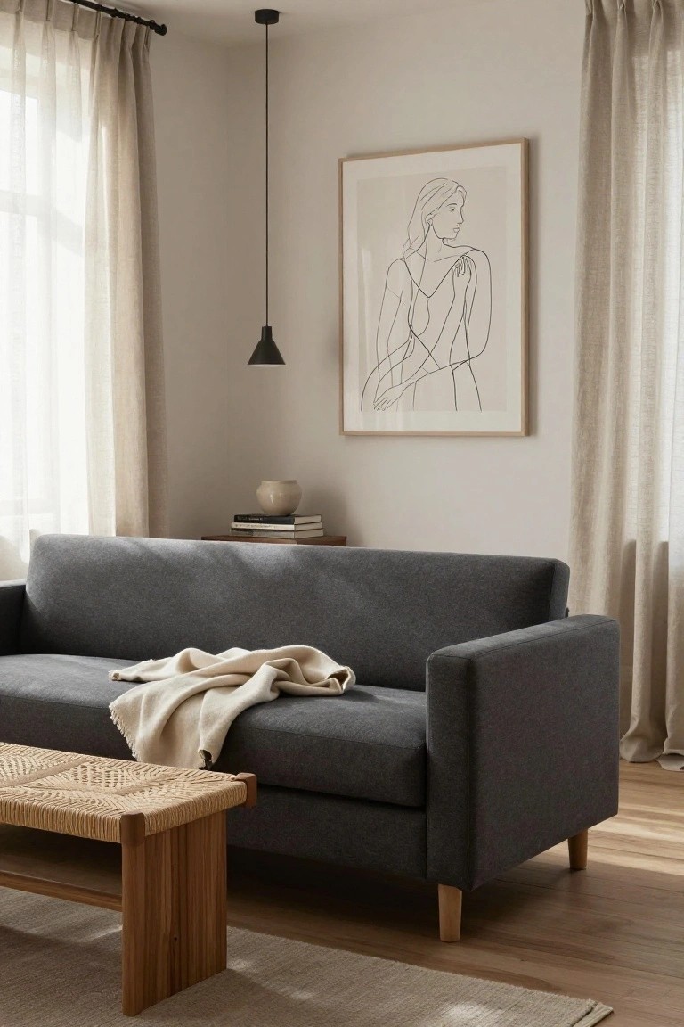 Light-filled living room with dark grey sofa draped in beige throw blanket, sheer beige curtains on large windows, black pendant lamp, line drawing artwork of a woman on wall, stack of books and ceramic vase on wooden side table, rattan and wood bench in front, neutral rug on hardwood floor.