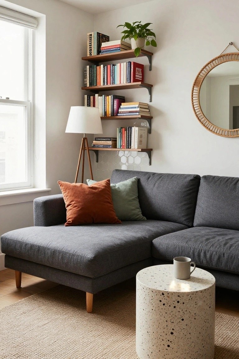 Living room corner with dark gray L-shaped sofa including chaise section, rust and green throw pillows, wooden floating shelves holding books and a potted plant, tripod floor lamp, round speckled side table with mug, rattan mirror on white wall, near window with roller shade and seagrass rug on wood floor.