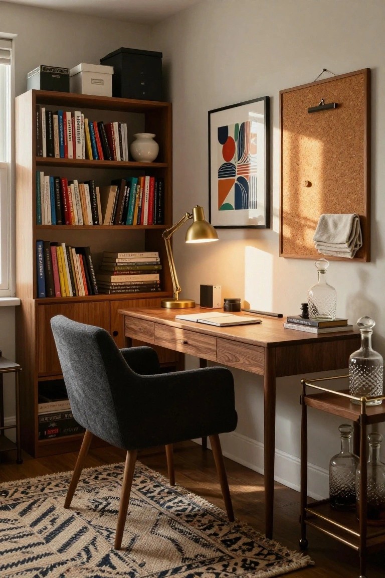 Home office interior with dark grey fabric armchair at wooden desk, wooden bookshelves filled with books, brass desk lamp lit, corkboard, art print, bar cart with glass decanters, and patterned rug on wood floor.