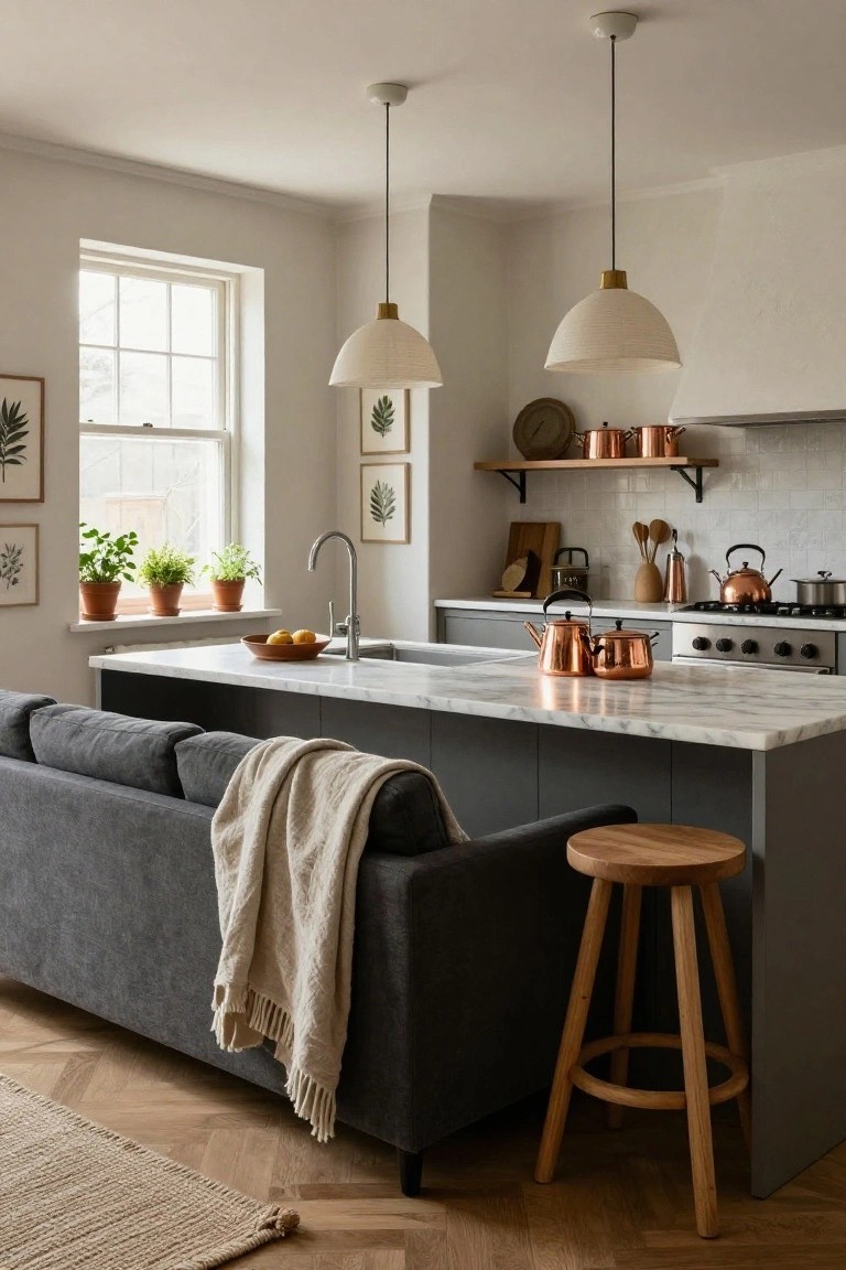 Open-plan kitchen-living room with dark grey sofa next to grey island topped in white marble, copper cookware on shelves and stove, wooden stool, pendant lights, and plants by window.