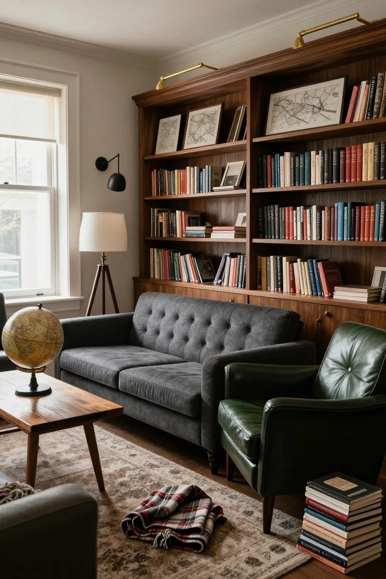 Cozy living room interior with dark grey tufted sofa, green leather armchair, tall wooden bookshelves filled with books and maps, wooden coffee table with globe, tripod floor lamp, and wool throw on patterned rug.