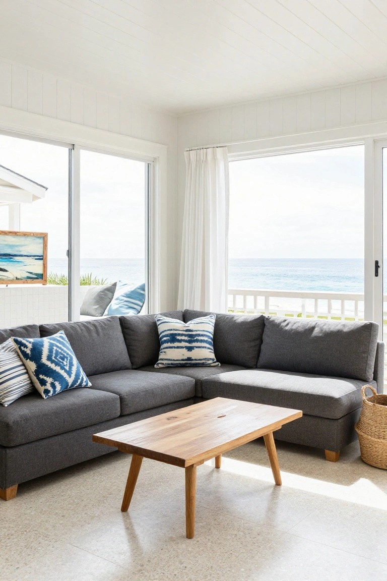 Corner living room with dark grey L-shaped sofa, blue and white patterned pillows, wooden coffee table, white walls and ceiling, large sliding glass doors overlooking ocean.