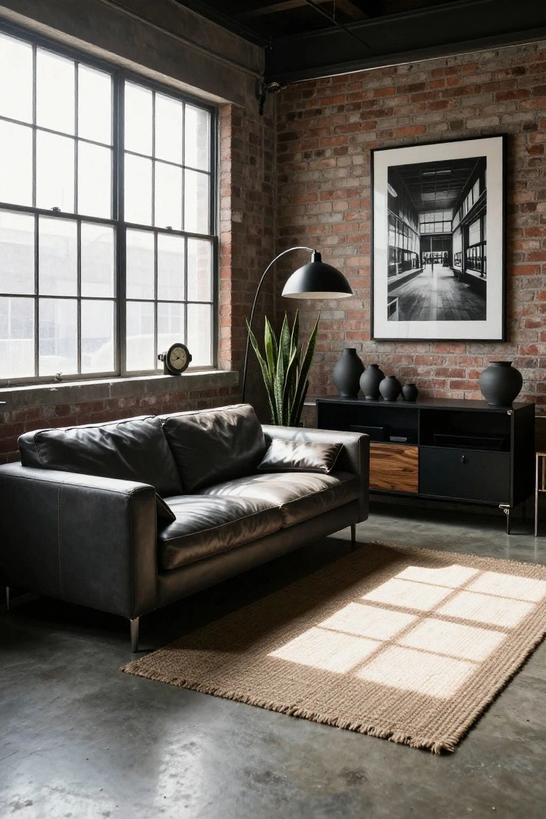 Industrial living room with dark grey leather sofa, exposed brick walls, large windows with natural light, black arc lamp, snake plant, black ceramic vases on black credenza with wood panel, seagrass rug, and concrete floor.