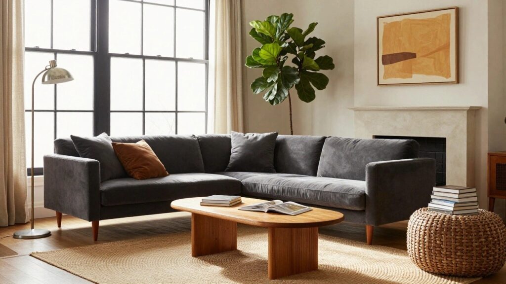 Living room with L-shaped dark gray velvet sofa, round wooden coffee table holding an open book and glass vase, seagrass rug, tan leather pouf, fiddle leaf fig plant, globe floor lamp, and neutral walls near a window and fireplace.