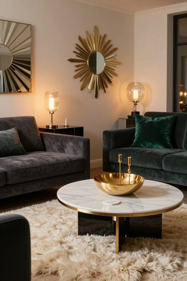Living room with two dark grey velvet sofas facing each other around a round white marble and black coffee table holding a gold bowl, flanked by gold sunburst mirrors, glass lamps, green pillows, and a cream shag rug.