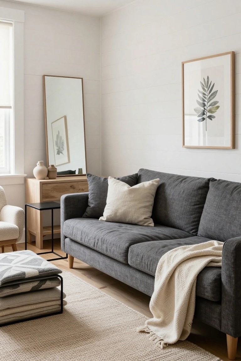 A living room corner with a dark grey three-seater sofa topped with cream pillows and a white throw, next to a wooden credenza, black metal side table, full-length wood-framed mirror, and neutral art on white shiplap walls over a light seagrass rug.