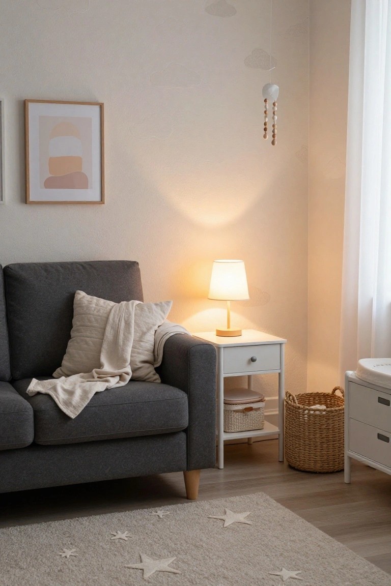 Nursery corner with dark grey sofa draped in cream throw and pillow, white side table with lamp, changing table with baskets, cloud mobile overhead, and star-patterned rug on wood floor.
