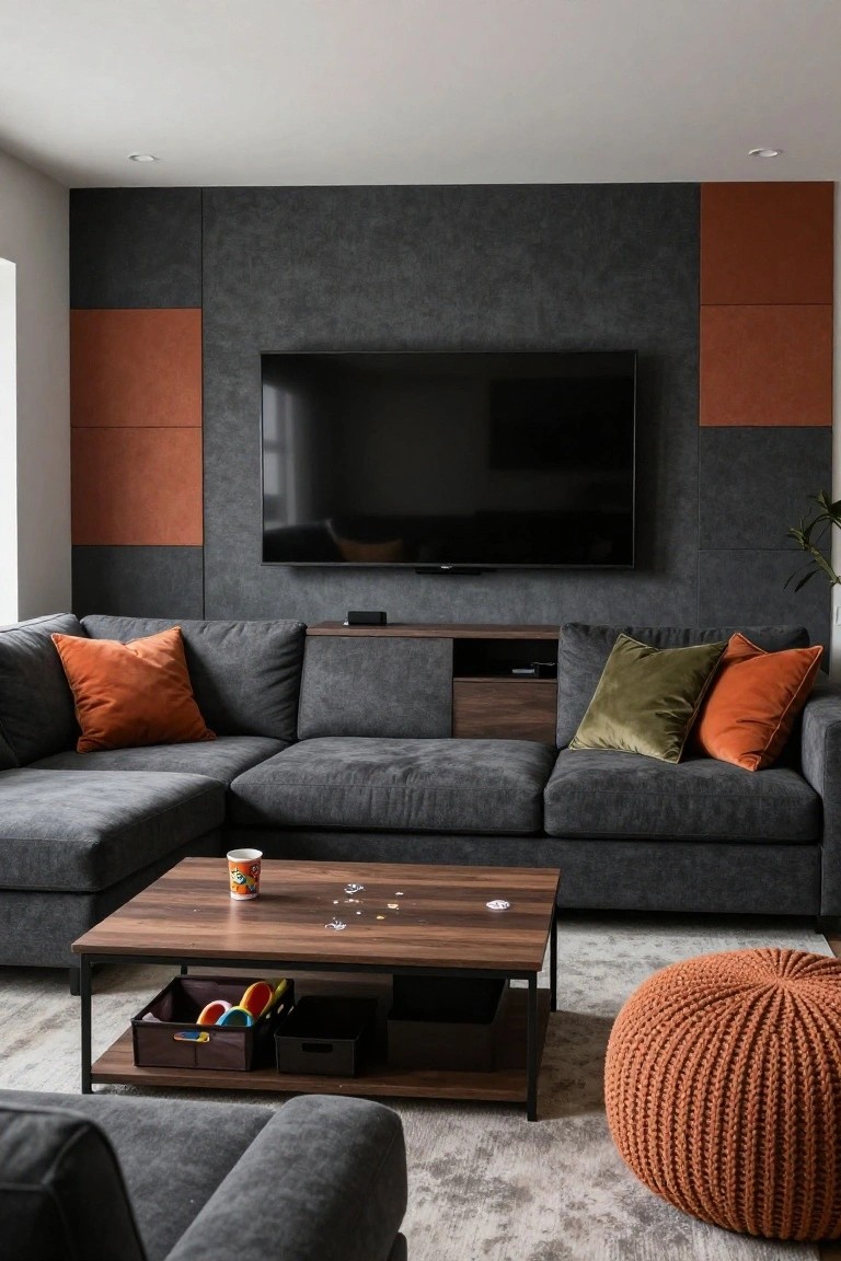 Contemporary living room with dark grey L-shaped sofa, burnt orange accent pillows and pouf, terracotta wall panels behind wall-mounted TV, wooden coffee table with storage bins, and light grey rug.