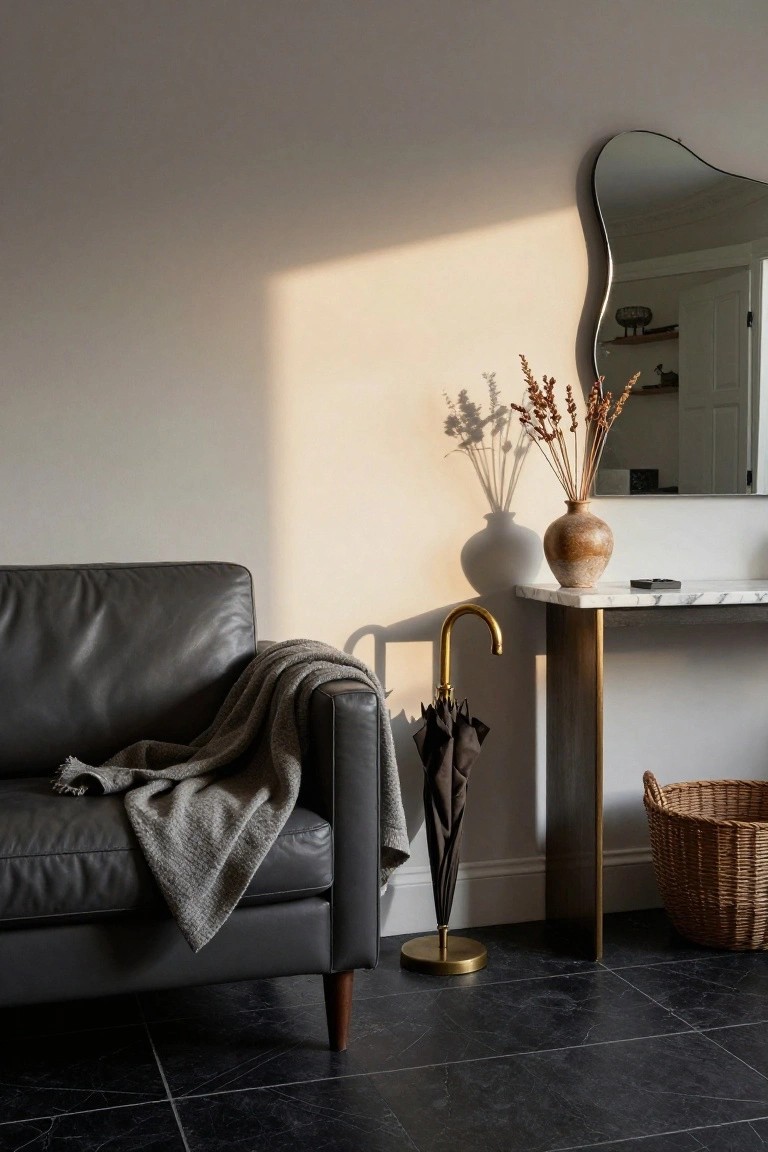 Dark grey leather sofa with grey throw on pale walls and black tile floor next to marble console table with terracotta vase and brass umbrella stand holding black umbrella beside curved wall mirror.
