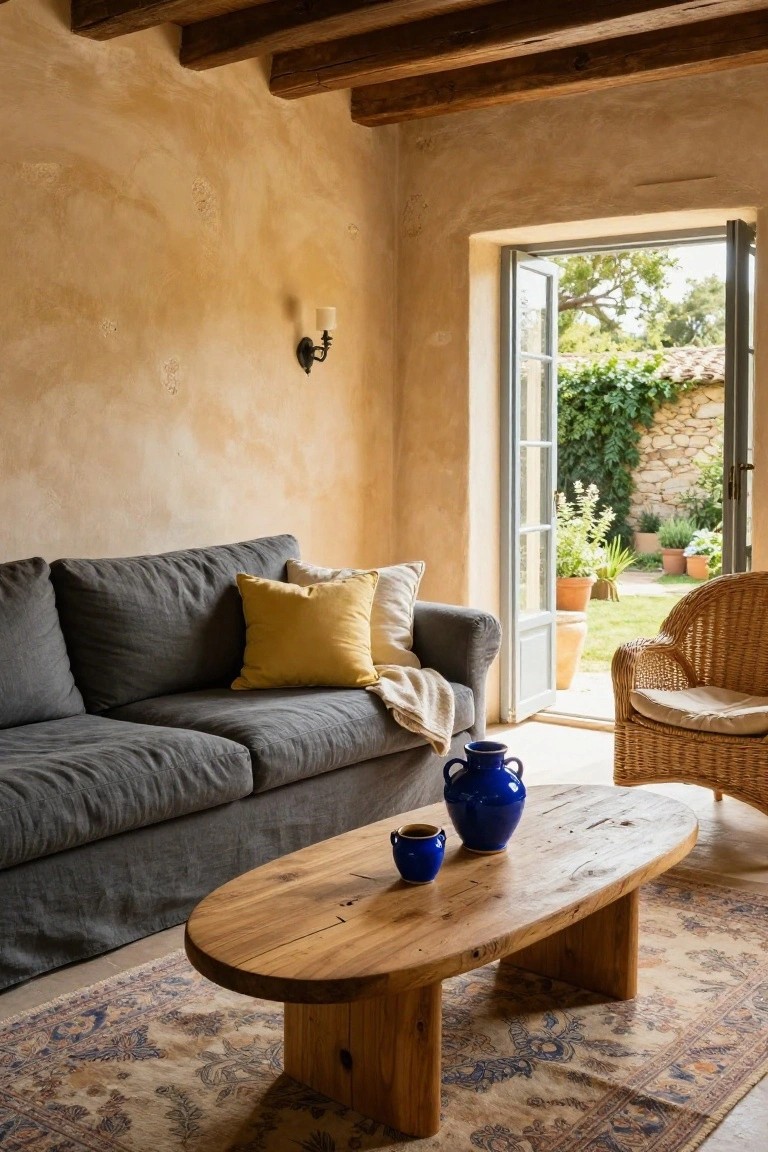 Living room interior featuring a dark grey linen sofa with yellow and white pillows, a low wooden coffee table holding blue pottery, a wicker armchair, ochre textured plaster walls, exposed wooden beams, and open French doors revealing a garden.