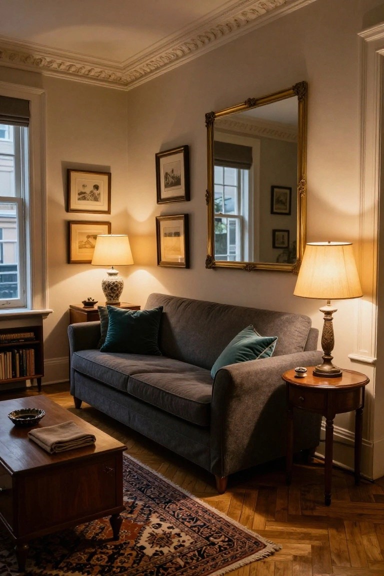 Living room corner with dark grey sofa and green velvet cushions, wooden coffee table, side tables with beige lampshades, antique gold mirror, framed art, bookshelves, and Persian rug on parquet floor.
