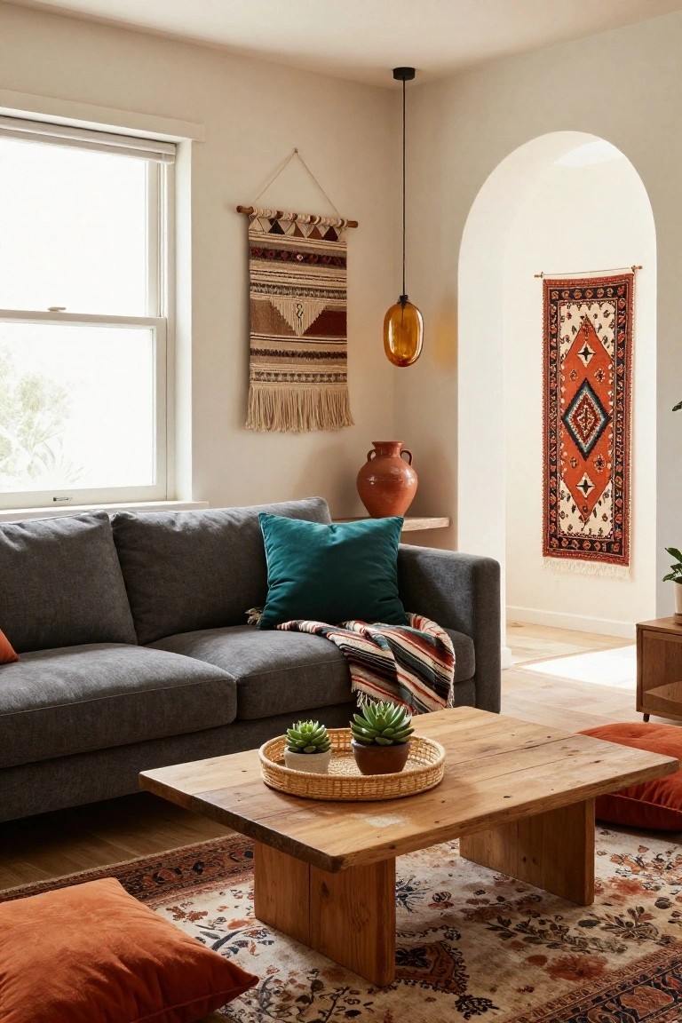 A living room with dark gray sofa topped by teal and orange pillows plus a multicolored throw, low wooden coffee table holding two potted succulents in a round seagrass tray, orange floor cushions, patterned oriental rug, terracotta vase, hanging woven wall tapestries, and amber pendant light near an arched doorway.