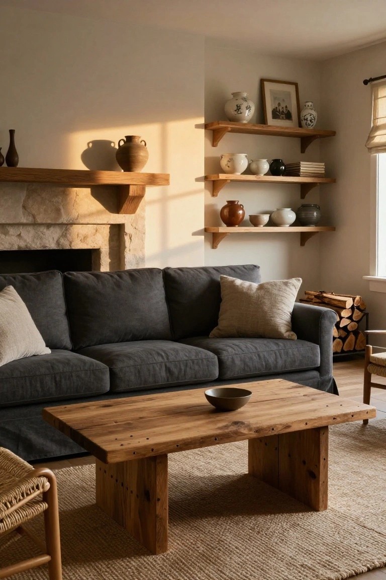 Living room interior with dark grey sofa, rustic wood coffee table topped with a bowl, stone fireplace, wooden shelves holding ceramic vases and bowls, beige rug, and wicker chair.