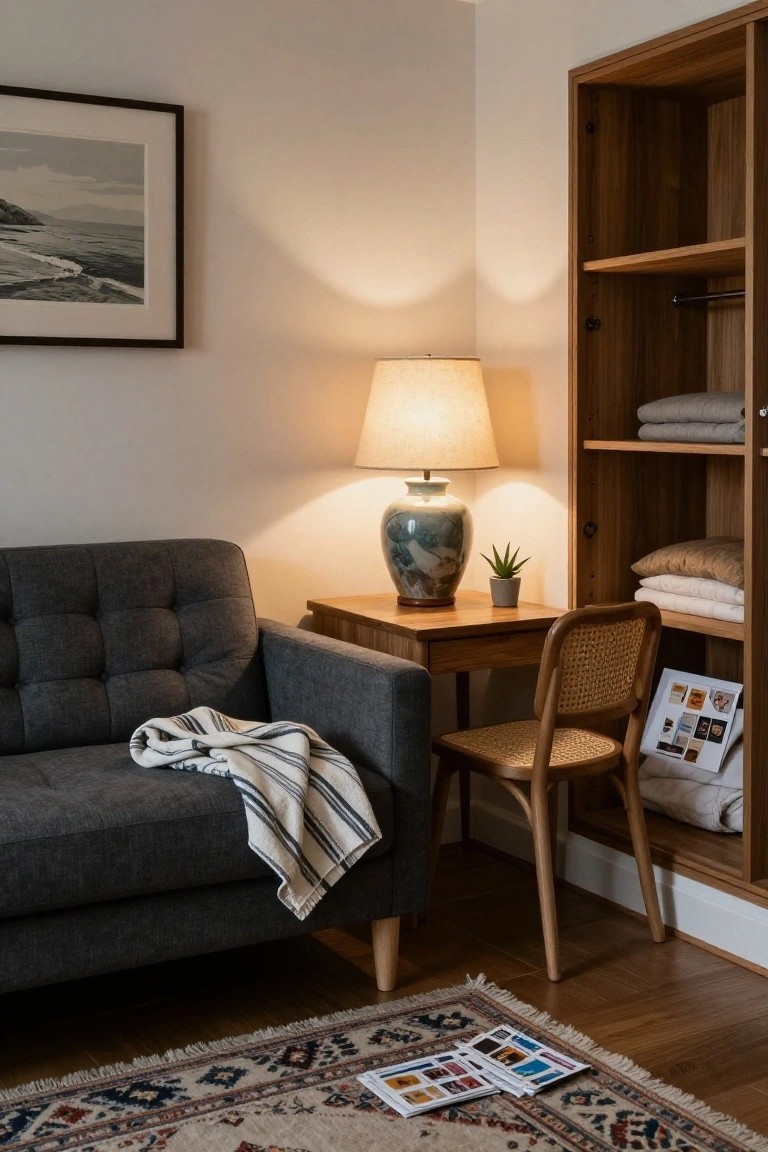 Cozy room corner with dark grey tufted sofa draped in striped throw, wooden side table topped with blue vase plant and lampshade, rattan chair, open wooden shelving unit holding folded linens and pillows, and patterned rug on hardwood floor.