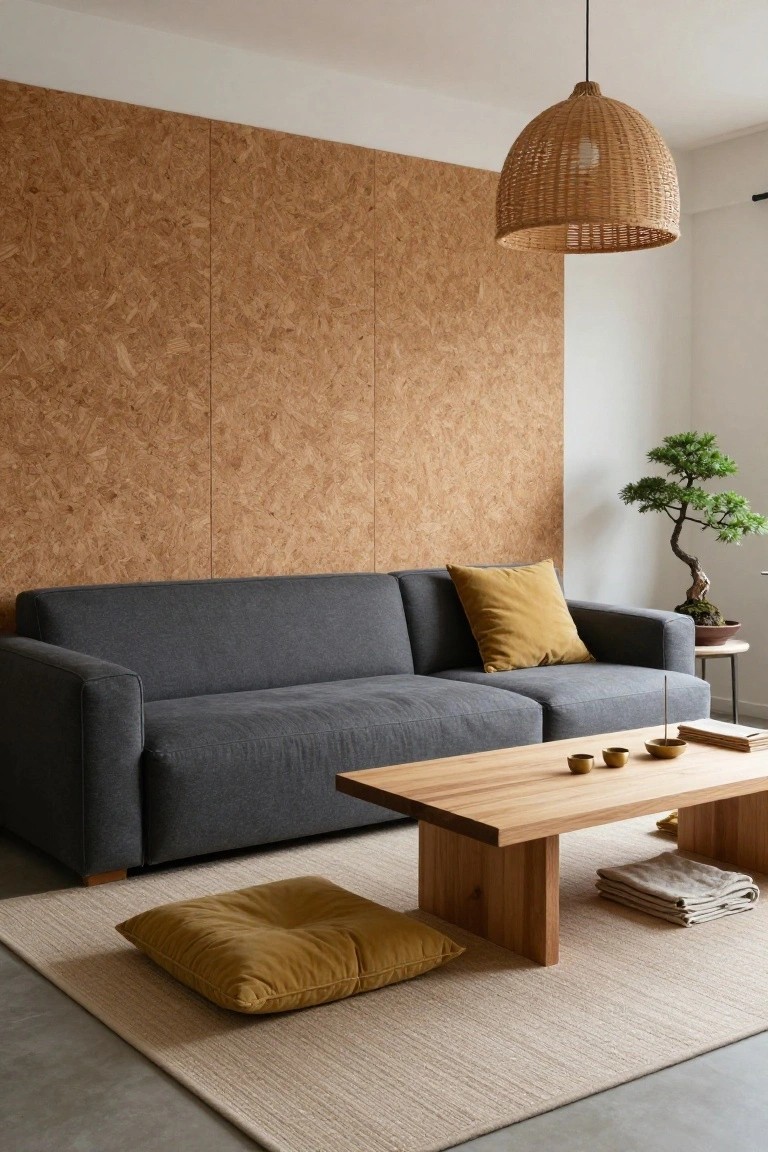 Modern living room with dark grey L-shaped sofa, low wooden coffee table, mustard yellow pillows and floor cushion, cork board wall, bonsai tree on side table, and beige rug on concrete floor.