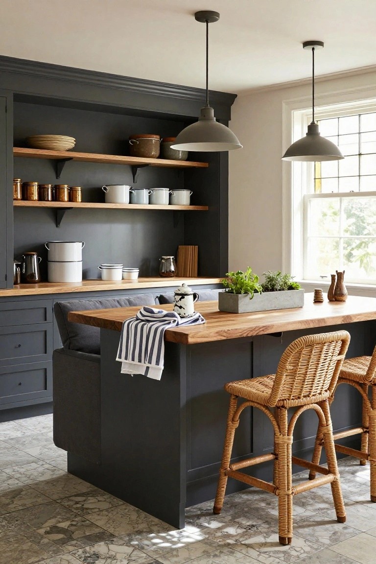 Kitchen interior with dark grey cabinets and open shelves holding pottery, copper jars, and white enamelware, central island topped with light wood and striped towel, two rattan barstools, grey pendant lights, and terrazzo floor tiles.