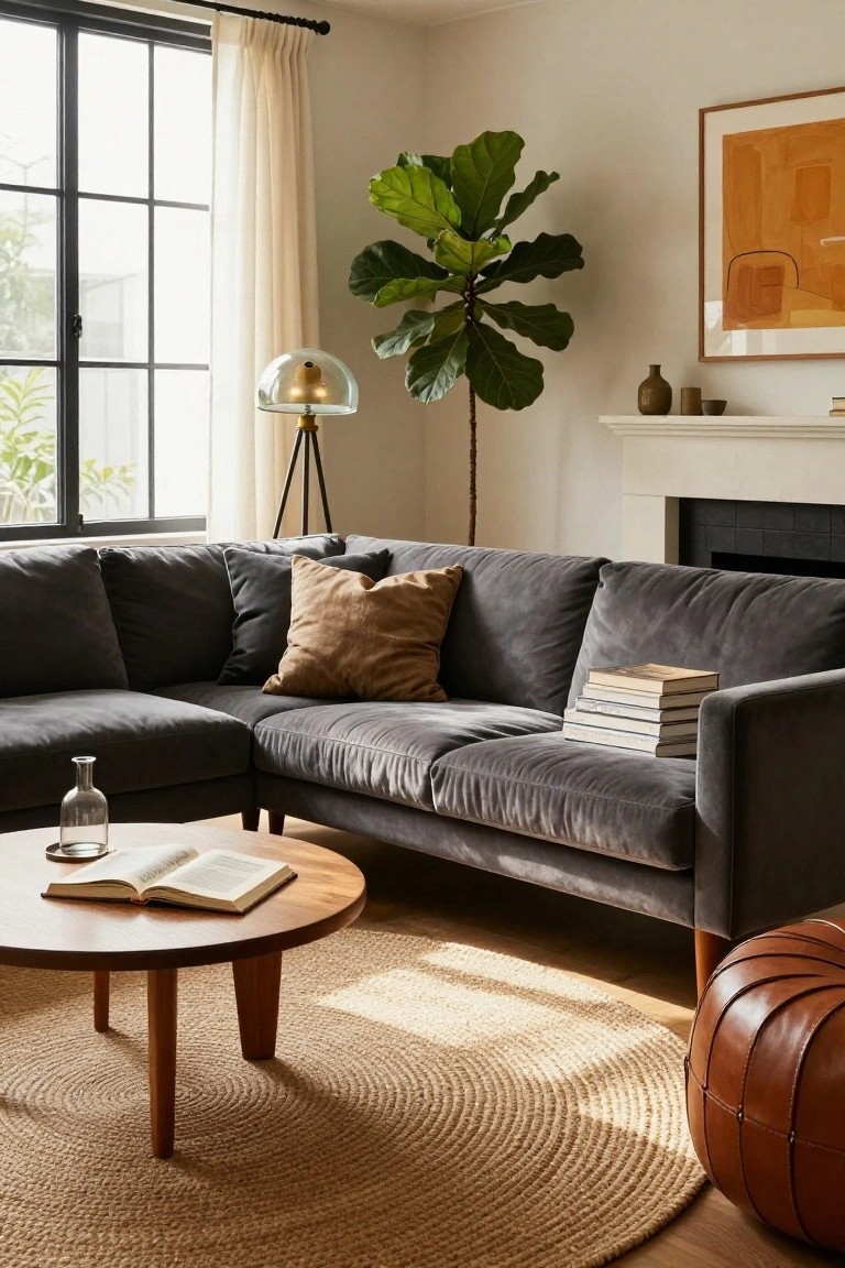 Living room with L-shaped dark gray velvet sofa, round wooden coffee table holding an open book and glass vase, seagrass rug, tan leather pouf, fiddle leaf fig plant, globe floor lamp, and neutral walls near a window and fireplace.